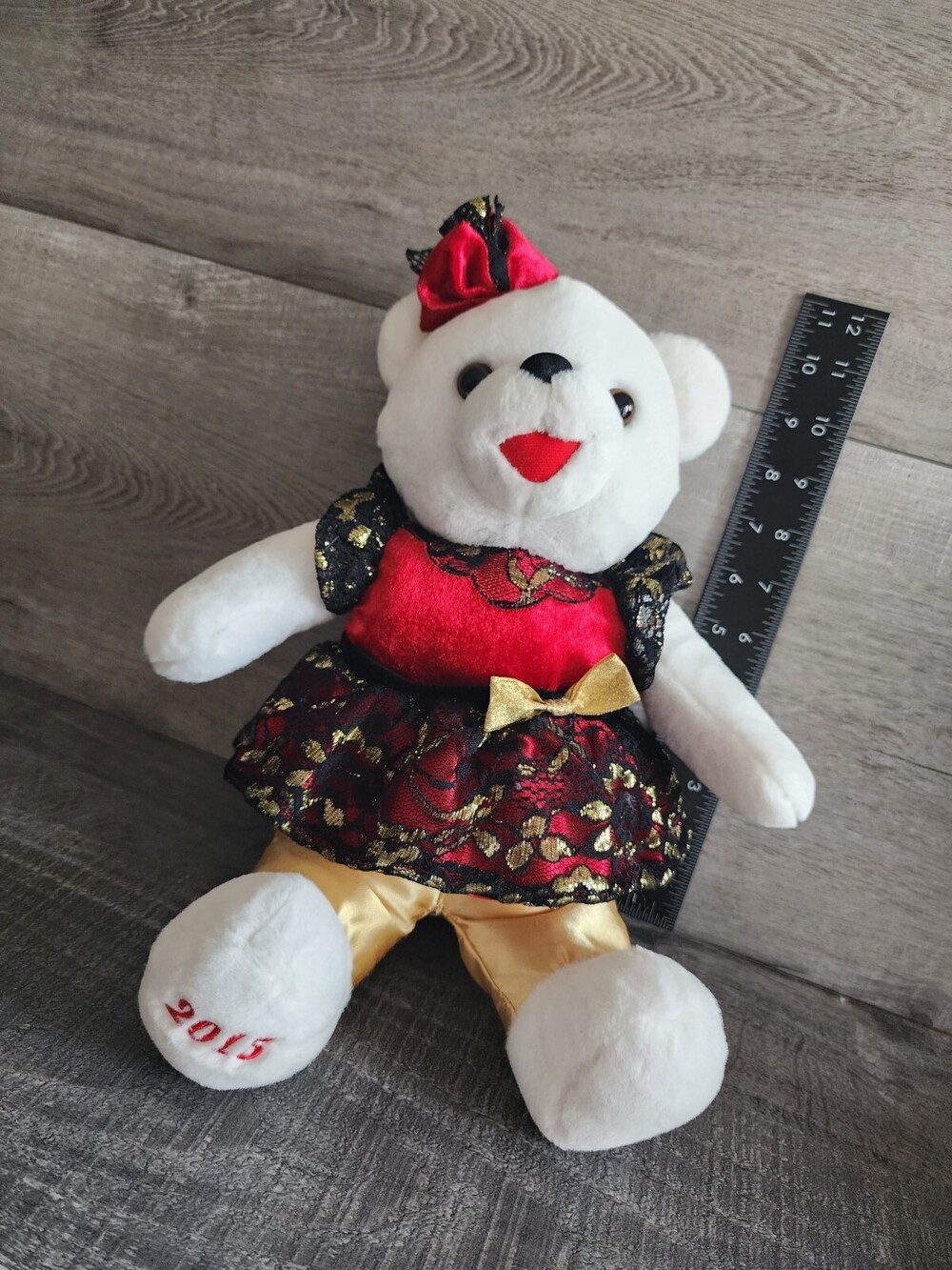2015 WalMART CHRISTMAS Snowflake TEDDY BEAR White Girl 13" Red/black Dress